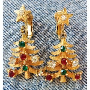 Vintage Mylu crystal and Christmas tree clip earrings